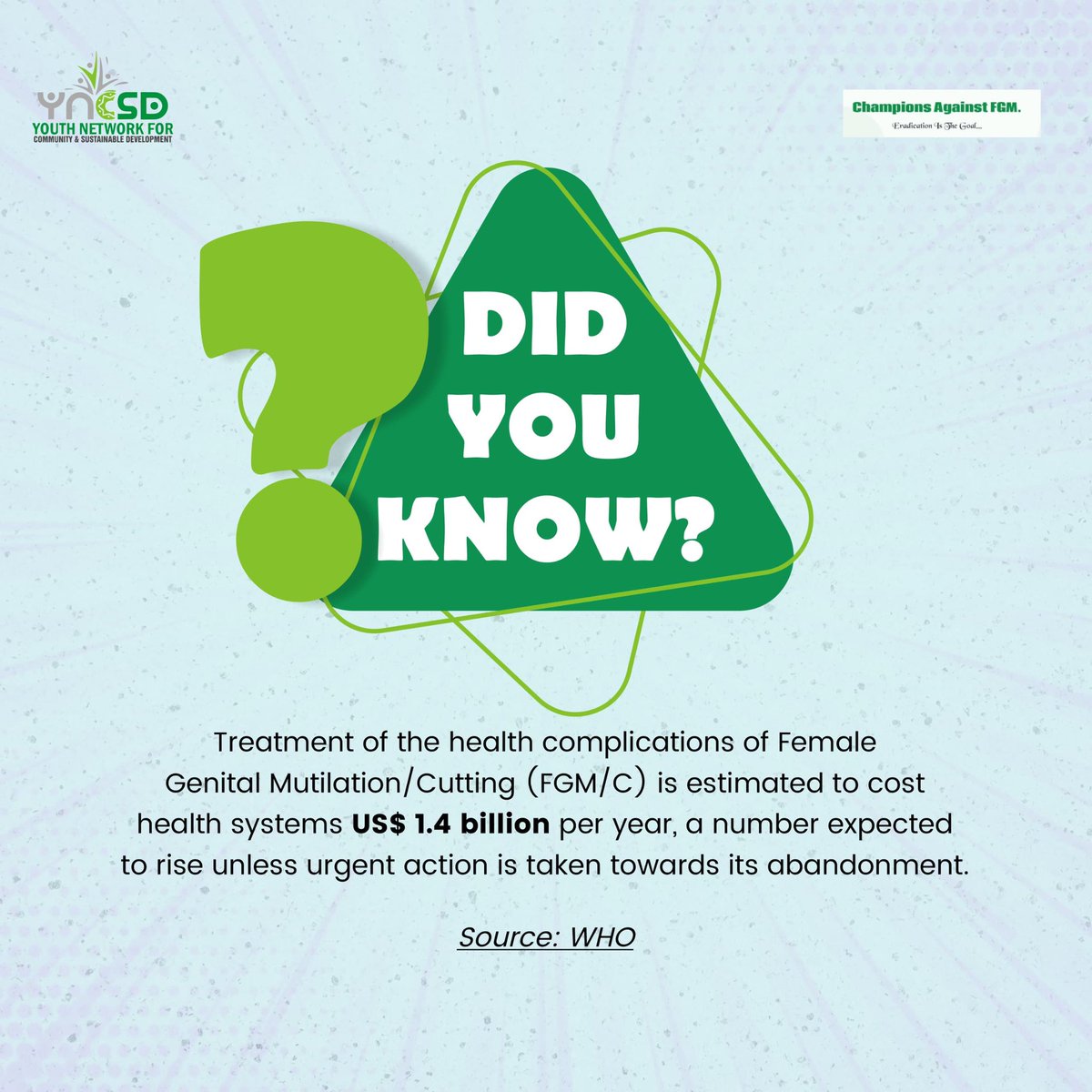 Female Genital Mutilation/Cutting (FGM/C) is not only mentally traumatizing and medically unadvisable,  but also financially unwise as it costs too much to manage the inherent health complications of FGM/C on women and girls.

#EndFGM #Eradicationisthegoal