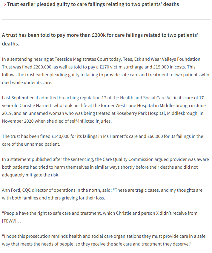 Another ICYMI from Friday: £200k fine for mental health provider ‘reminds trusts to provide safe care’. @TEWV had pled guilty to care failings relating to two patients’ deaths hsj.co.uk/tees-esk-and-w…