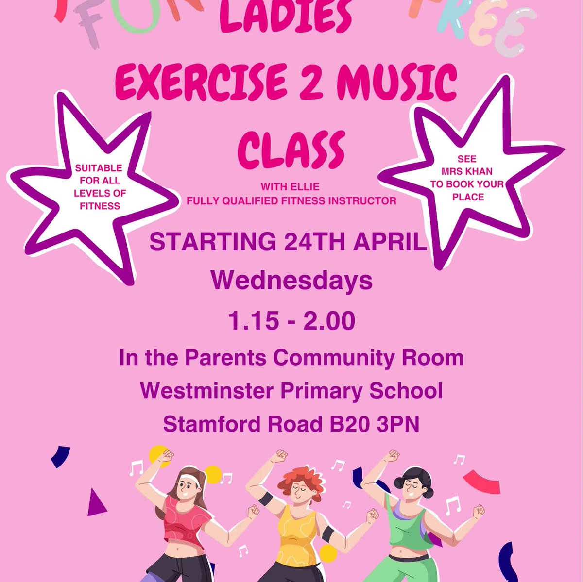 Happy Monday everyone. Please see our new dates and times for our Exercise 2 music classes. One held at Lozells Methodist Church & Community Centre and the other at Westminster primary school starting this Wednesday. Be sure to join us and let the fun begin 😊 @Sport_England