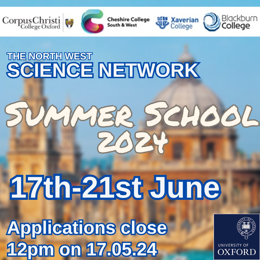📢Applications for the NWSN Summer School are open! forms.office.com/e/860vgUwVec If you're a Year 12 student from the North West & are interested in science, you can apply to spend a week in Oxford, taking part in a huge range of science activities! Deadline for applying is 17.05.24