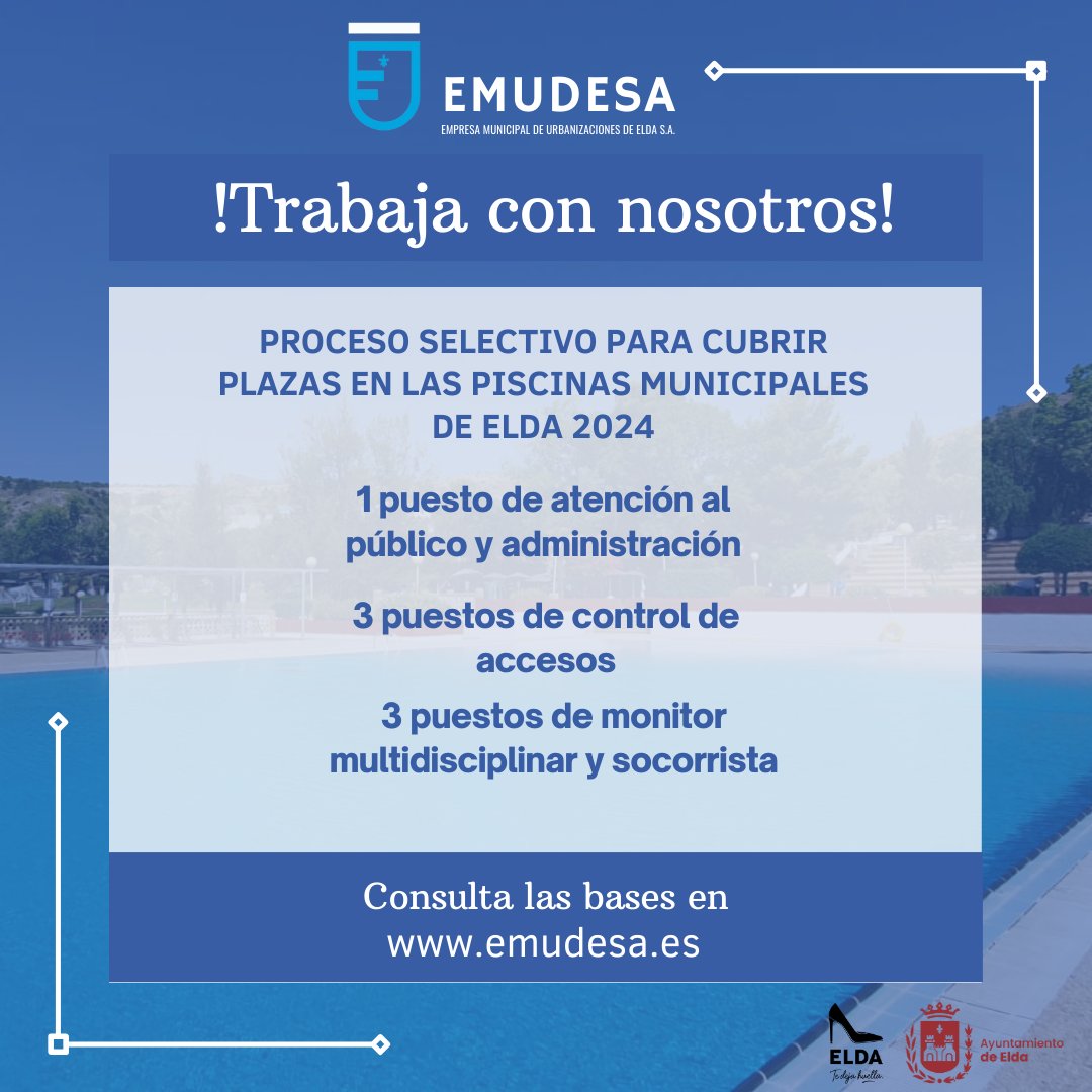 ELDA_PISCINA's tweet image. ¡Os estamos buscando!
📷Hoy abrimos el plazo para el proceso selectivo para cubrir plazas en las Piscinas Municipales de Elda
📷Podéis encontrar toda la información en el siguiente enlace 📷emudesa.es/.../proceso-se…
#Elda #AyuntamientodeElda #OfertadeEmpleo #Empleo #Emudesa