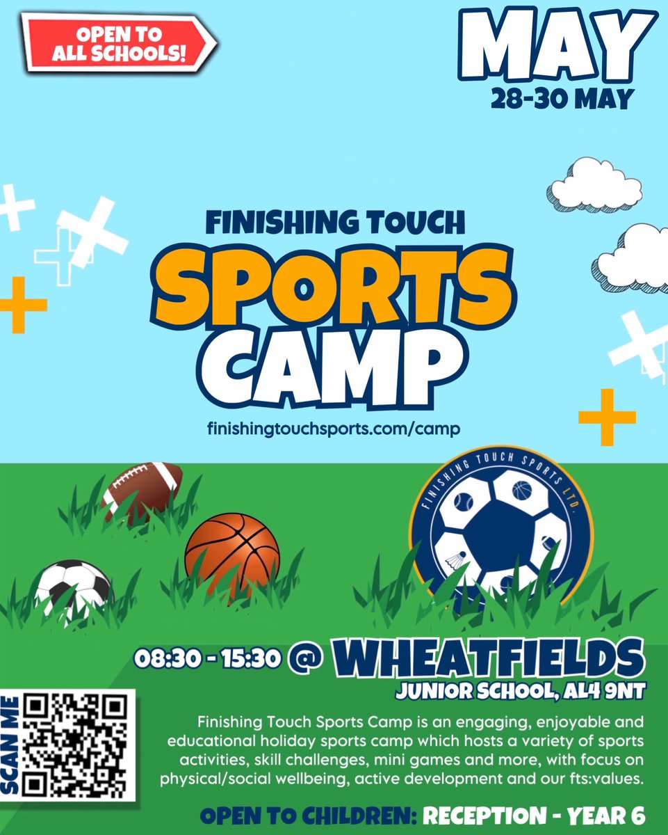 📢☀️

<a href="/ftsportsltd/">Finishing Touch Sports Ltd.</a> May Sports Camp is now LIVE for booking! 

• May Sports Camp
📆 28 - 30 May
⏰ 08:30 - 15:30

📍 <a href="/Wheatfields_/">Wheatfields Junior School</a> 

🎉 Open to all schools! (Rec - Y6)
🏷️ 10% block booking discount

Book now:
📧 via e-mail
💻 via website
-
#findyourfinishingtouch
