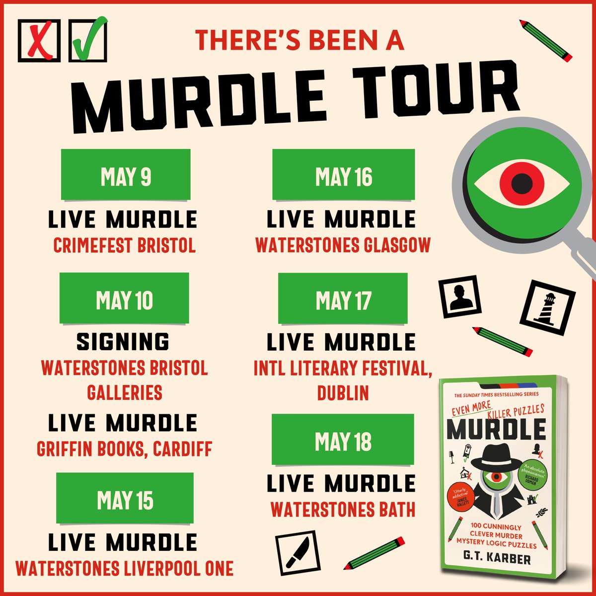 We hope your pencils are sharp and your wits even sharper - #MURDLE author @gregkarber will be touring the UK this May!✏️🔍 Get your books signed and become a true detective in a live Murdle mystery 🕵️ We hope to see you there! ✨