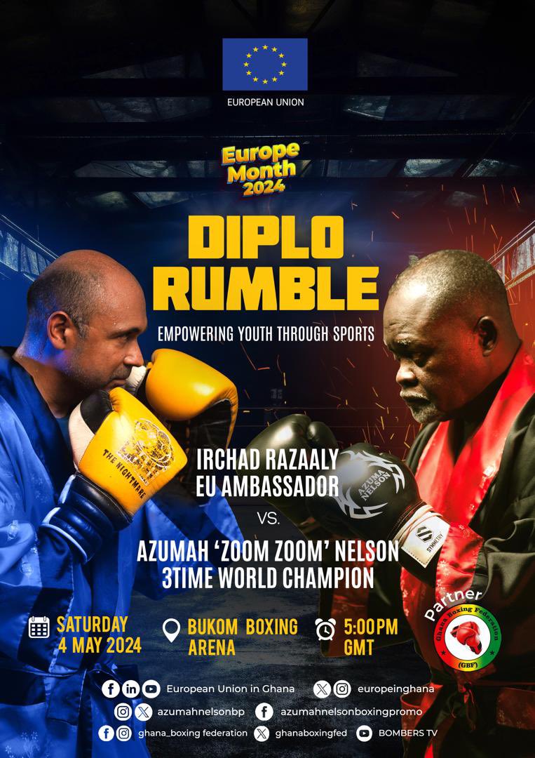 AzumahNelsonBP's tweet photo. Good morning dear friends. I am happy to announce to you that the European Union 🇪🇺 Ambassador to Ghana 🇬🇭 and I will engage in an exhibition bout to promote and support boxing in Ghana 🇬🇭 on Saturday 4th May, 2024 at the Bukom Boxing Arena from 5pm. See you there.

#diplorumble https://t.co/Vn4iozaqPd