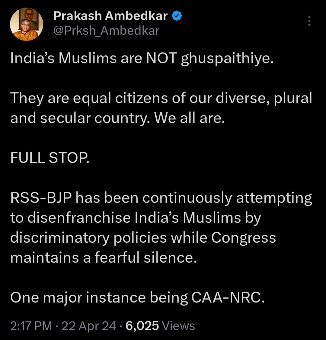 This is why I am supporting this man,
Unlike Congress, Prakash Ambedkar is the leader who openly criticized and opposed Modi's dangerous hate speech against Indian Muslims, read his official statement,
  Other secular parties are not able to muster courage to oppose Modi's hate