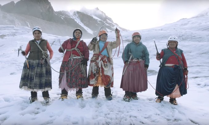 In 2019 a group of Bolivian indigenous women aka the “Climbing Cholitas” summitted Mount Aconcagua, Argentina (highest point - Southern Hemisphere) The women had previously worked for years as cooks for wealthy Western male mountaineers. They climbed in traditional dress…