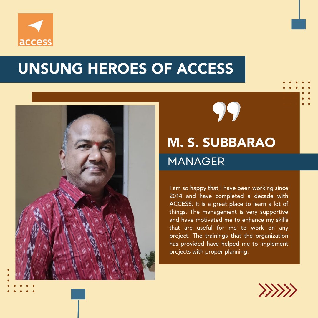 Celebrating unsung heroes of ACCESS and recognizing M.S. Subbarao's contributions. We express our heartfelt gratitude for his dedication, passion, and unwavering commitment to our organization. Here's to many more years of success and shared accomplishments!
#UnsungHeroes #access