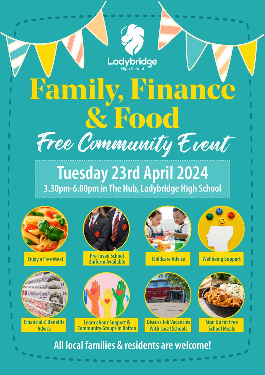 📍 REMINDER:
Our Family, Finance & Food Community Event takes place tomorrow afternoon! Please come along for an informal chat and enjoy some delicious free food from our catering team. 
We look forward to seeing you there! 👋
Please RT!
#communitysupport #teamwork #TeamBolton