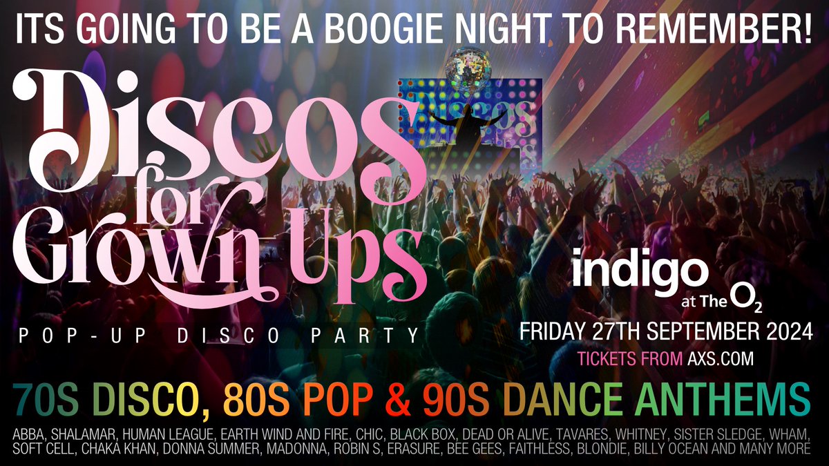 JUST ANNOUNCED: Discos for Grown Ups pop-up disco party returns to indigo at The O2 this September. On O2 or with Virgin Media? Get Priority Tickets Wednesday at 11am priority.o2.co.uk/tickets Tickets on general sale Friday at 11am bit.ly/DiscosforGrown…