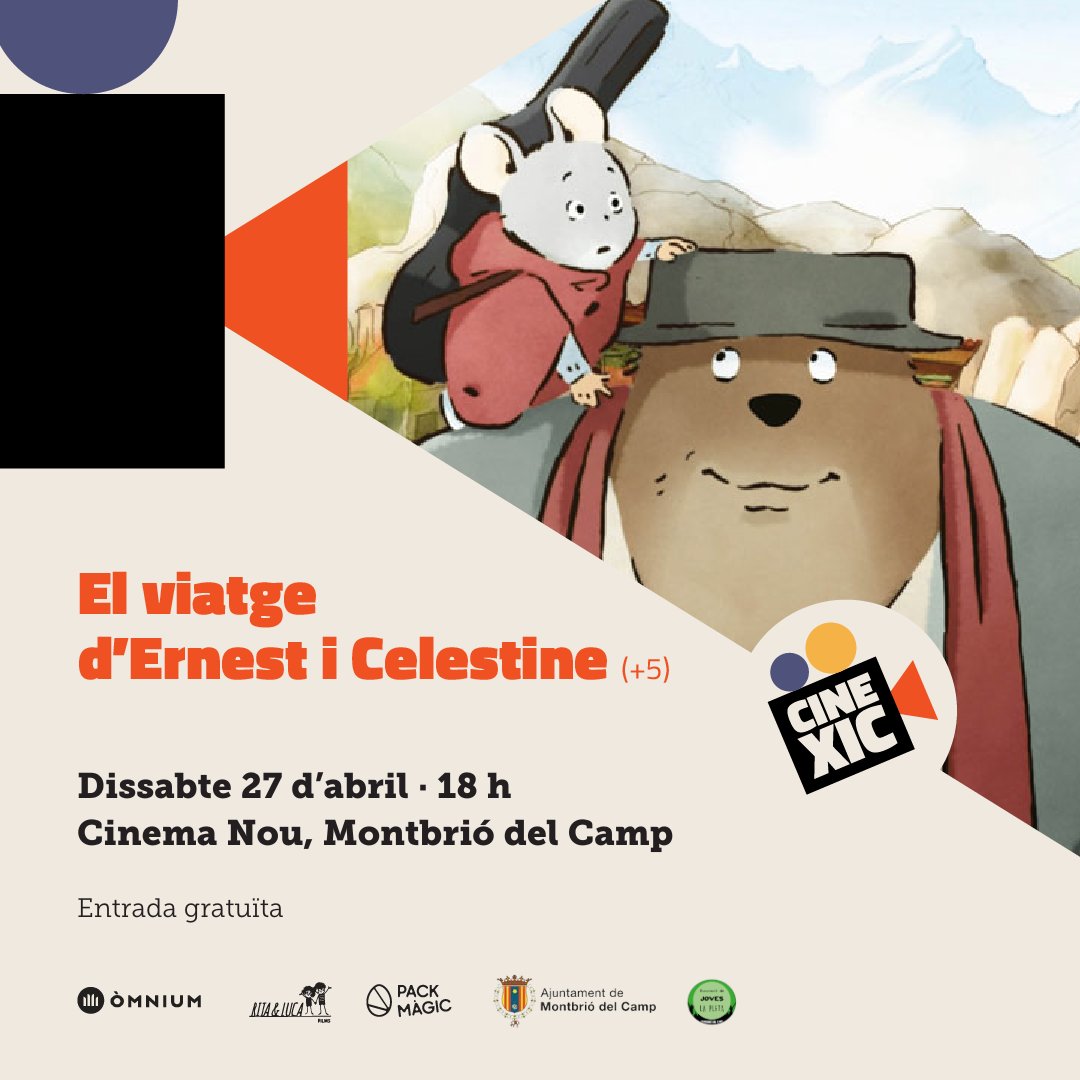 🎥🎥 Cinema Infantil: 'El viatge d'Ernest i Celestine'. A partir de 5️⃣ anys.

📅27 d'abril

🕕 18 h

📍 Cinema Nou. Entrada gratuïta.

@jovesmontbrio @omniumbaixcamp @omnium @PackMagic_ @RitaLucaFilms