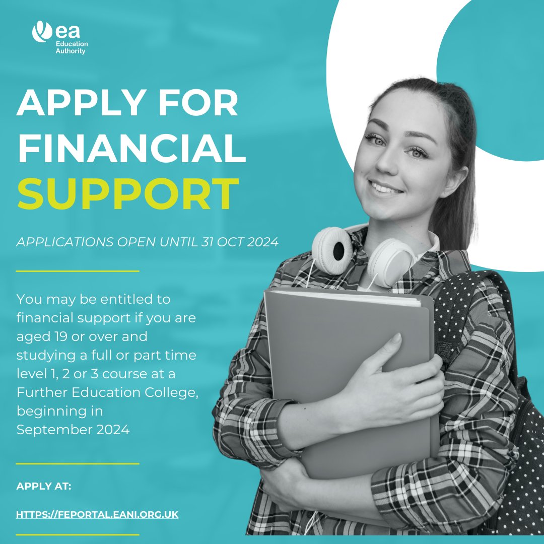 Applications for FE Student Finance for year starting Sep 2024 open. Students can apply via EA’s new student finance portal - ow.ly/5l9X50RjoUh If you’re 19 or over, studying full/part time Level 1, 2 or 3 course, you may get help. eani.org.uk/fegrants