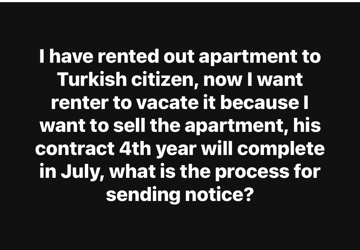 “Türk vatandaşına evi kiraya verdim.Şimdi kiracı çıksın ve daireyi boşaltsın istiyorum. 4 yıl ve temmuzda sözleşme tamamlanacak. Bildiri nasıl gönderilir?” Konum : İstanbul Paylaşımı yapan : Pakistanlı