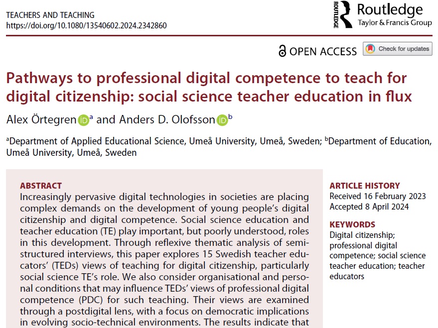 Social science teacher educators feel they can teach about digital citizenship, but struggle when it comes to teaching how to teach for #digitalcitizenship. New article w/ @AndersDOlofsson in Teachers & Teaching: doi.org/10.1080/135406…. 1/13