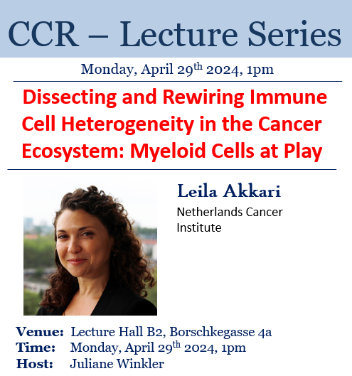 Excited to welcome @LeilaAkkari1 to our institute on 🗓️April 29th for inspirational conversations on #immune #cell #heterogeneity. Can't wait to see you there! #cancer #science #Vienna 🔗meduniwien.ac.at/web/ueber-uns/… @cancerCCR @MedUni_Wien @JulianeScience