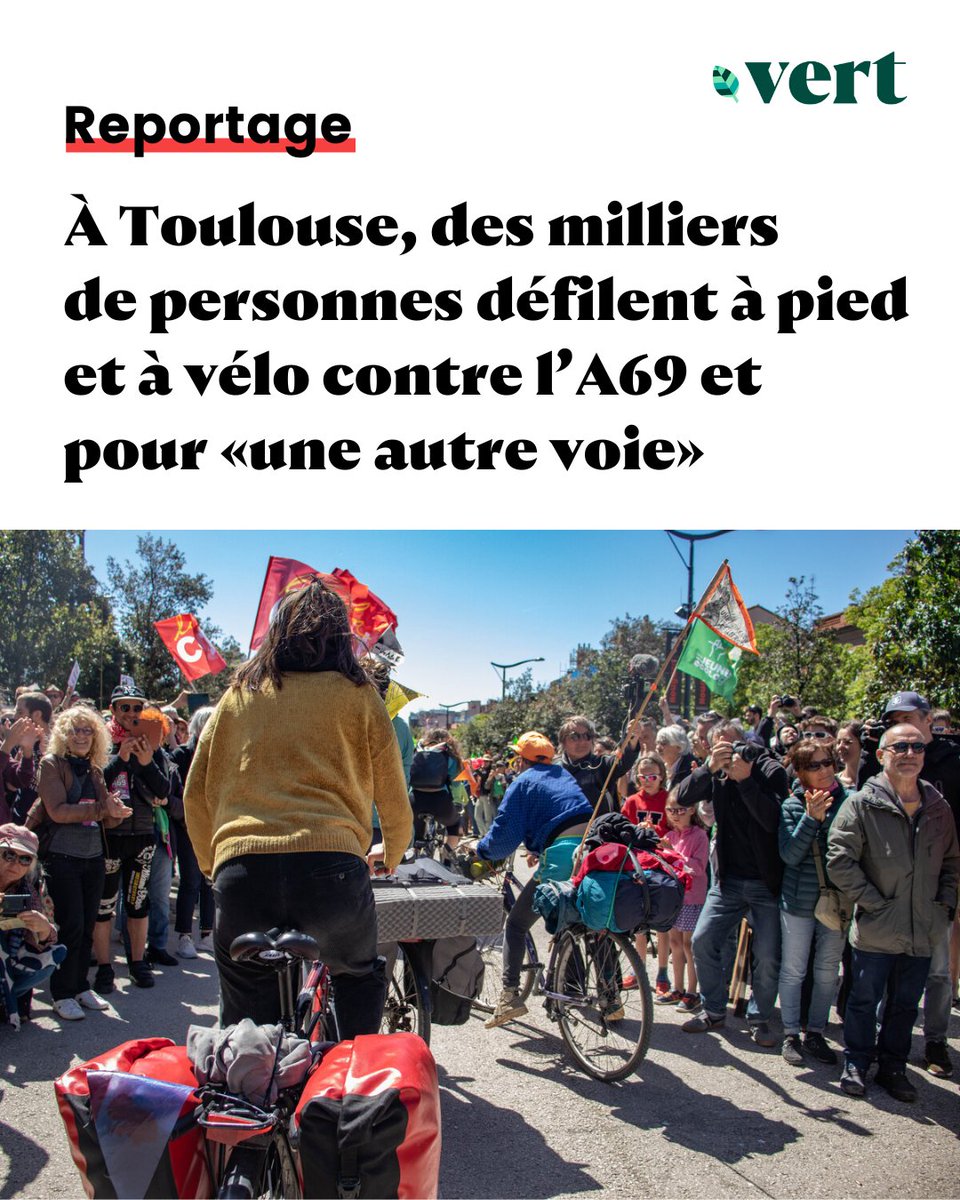 Dimanche, entre 1 600 et 7 000 personnes se sont réunies à Toulouse pour réclamer l’arrêt des travaux de l’A69. C'était aussi l’arrivée du «Cycloretour», un convoi à vélo pour promouvoir les alternatives à ce projet. Un reportage à lire ici 👇 vert.eco/articles/a-tou…