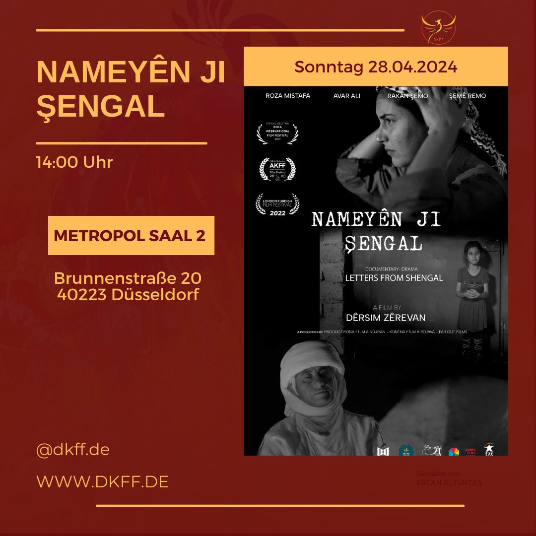 28.04.2024 Vierter Tag beim Düsseldorf Kurdischen Filmfestival Roja çaremîn a Festîvala Fîlmên Kurdî ya Düsseldorfê ➡️ MetropolSaal - 2 🎥 Nameyên ji Şengalê (Brife aus Shingal) dkff.de/event/lettre-o…