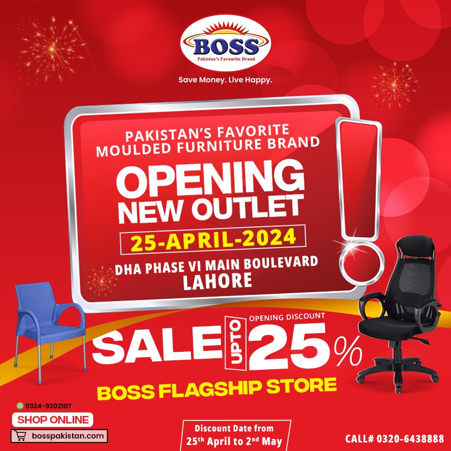 Stay Tuned Lahore!
Boss is now coming to another great part of Lahore with a bang! Phase 6 will soon be the hub of exceptional furniture for you all. Don’t miss this opportunity and avail up to 25% off now!

#outletopening #SaleAlert  #BestBrand #bestbrand #bestquality