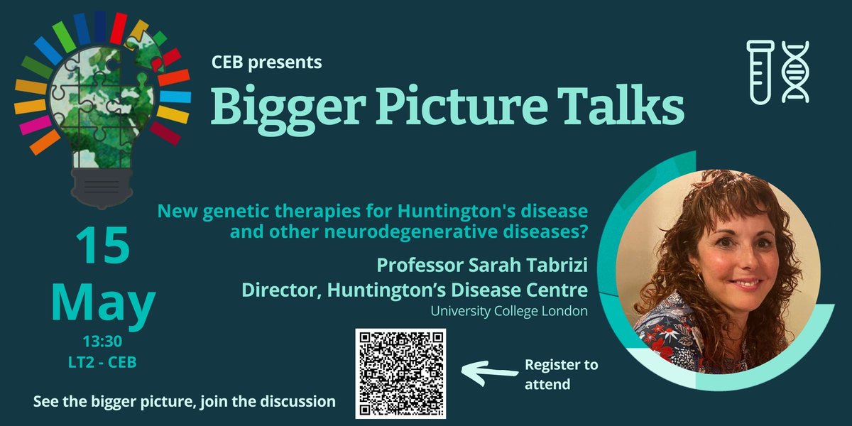 Our next Bigger Picture speaker is Professor Sarah Tabrizi; Director of the Huntington’s Disease Centre at UCL! To register: forms.office.com/Pages/Response… 📍: LT2 - CEB, Phillipa Fawcett Drive, Cambridge ⏰: 1:30pm, 15th May