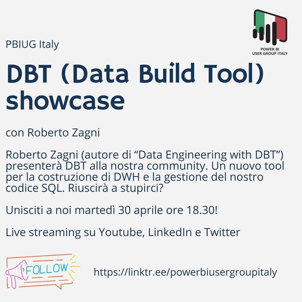 🔥Nuovo evento online della nostra Community! Martedì 30 aprile siamo live (anche qui su Twitter)  per parlare di DBT con Roberto Zagni, autore del libro Data Engineering with DBT, esperto SW e Data Engineer

#powerbi #sql #dataengineer #datawarehouse #datanalytics #dwh
