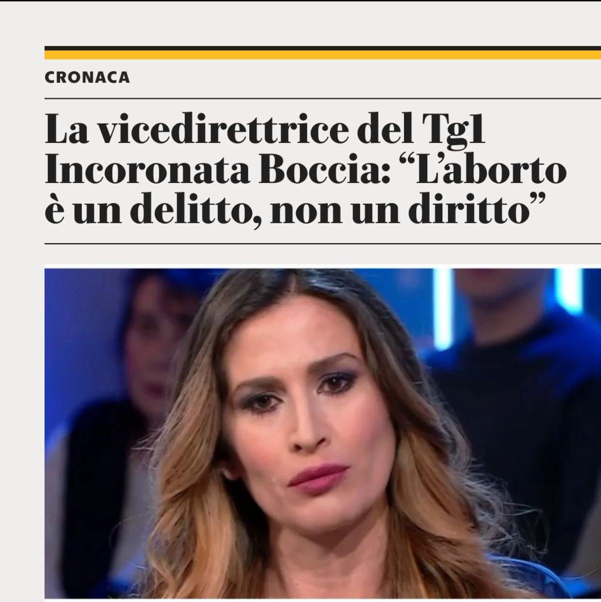 Piene di violenza le parole della vice direttrice del #Tg1, Incoronata #Boccia, che ha parlato di aborto equiparandolo a un delitto, dicendo dunque implicitamente che le donne che decidono di interrompere la gravidanza sono delle omicide. Questa è la #Rai oggi, un luogo dove si…