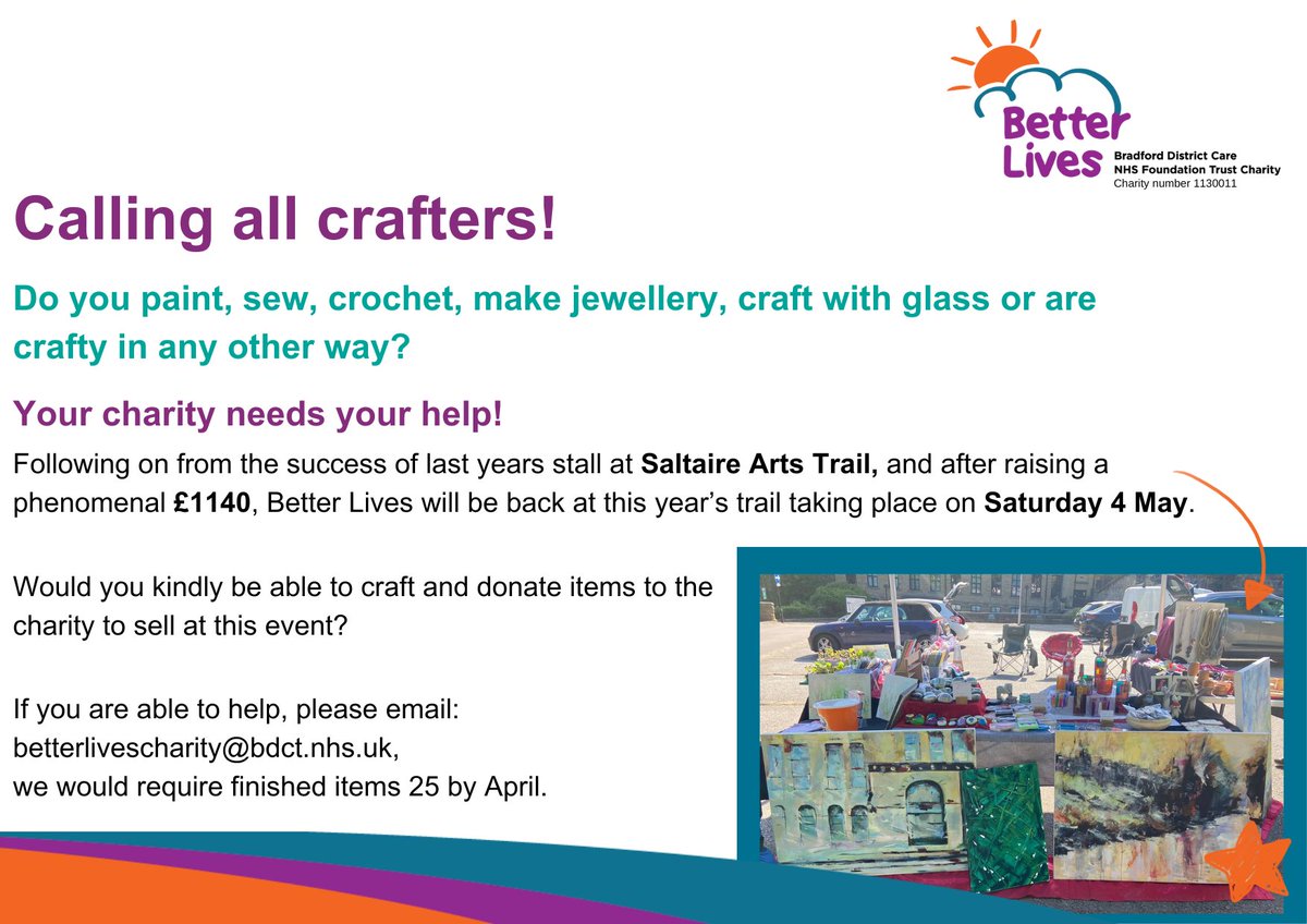 It's the final week to get your crafts in for our stall at the Saltaire Arts Trail next weekend 🧶 

All proceeds from the crafts donated will come to #BetterLives & will go towards funding fantastic projects to support our patients & staff!