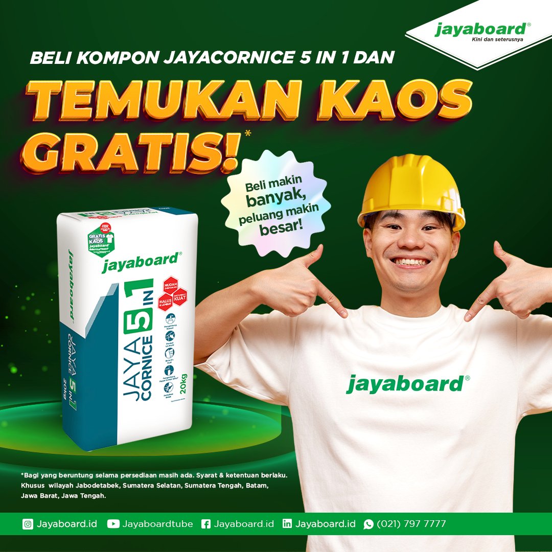 Beli kompon dapat KAOS GRATIS, memang bisa?

Bisa dong! Beli kompon Jayacornice 5 in 1 dan temukan kaos di dalam sak! Beli semakin banyak, peluang dapatnya juga makin besar lho.

Info lebih lanjut hubungi Whatsapp kami di 08118120205 ya!

*Syarat &amp; ketentuan berlaku