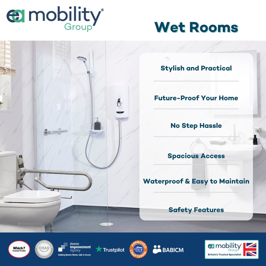 Transform your bathroom with a stylish and practical wet room from EA Mobility! Future-proof your home with hassle-free, spacious access and waterproof, easy-to-maintain design. Elevate your bathing experience today! #WetRooms #FutureProof #Accessibility #EAMobility