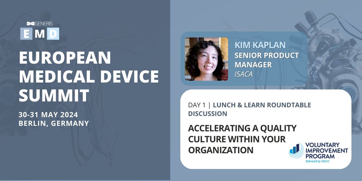 🌟 Join our 'Lunch & Learn' roundtable discussion with Kim Kaplan, Senior Product Manager at ISACA. Dive deep into the topic of 'Accelerating a Quality Culture within Your Organization.'

#QualityCulture #LeadershipInHealthcare #MedDeviceEU24 #GenerisEMD