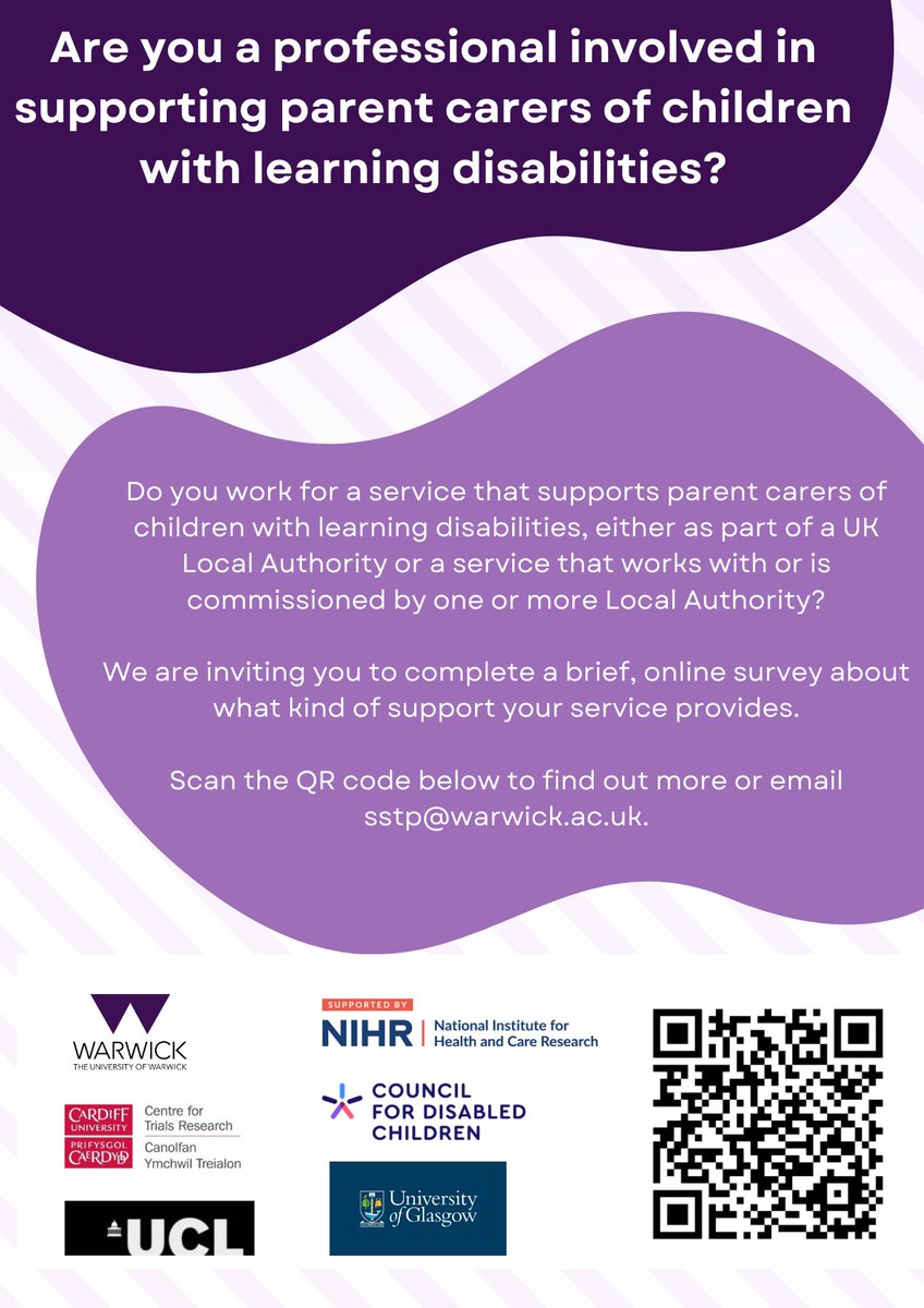 We are inviting professionals who work with Local Authority services supporting parent carers of children with a learning disability to complete an online survey about the support they provide warwick.co1.qualtrics.com/jfe/form/SV_a9… @ProfRHastings @KylieMGrayPhD