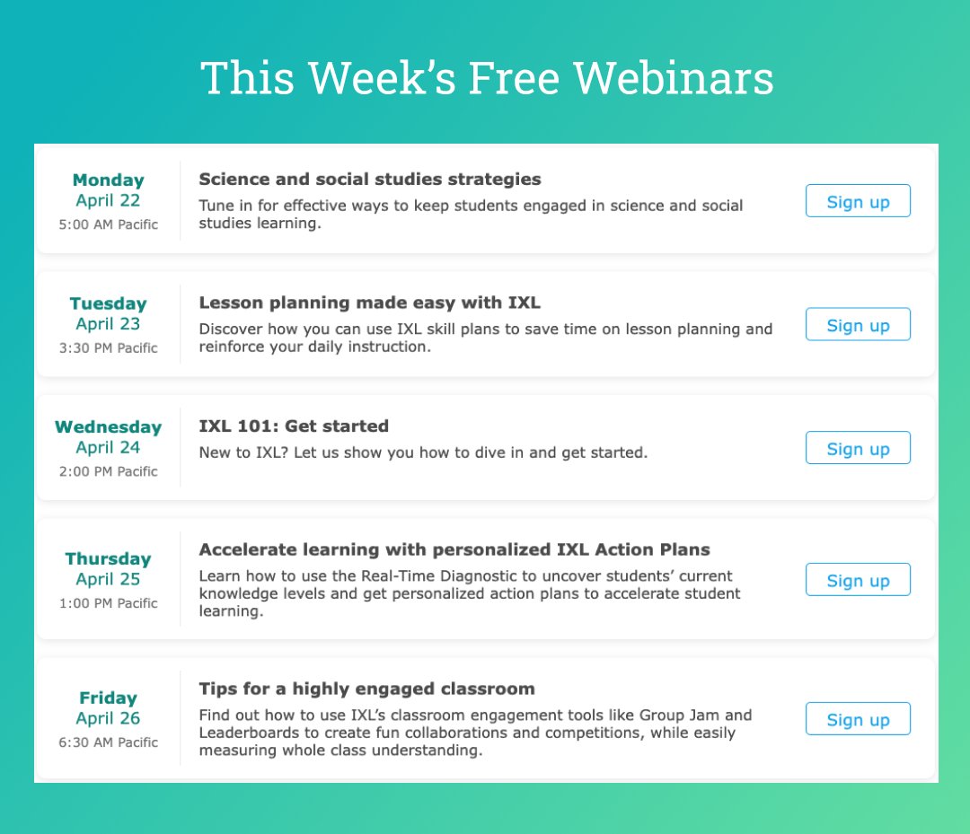 Whether you're new to IXL or a seasoned veteran, our complimentary webinars will help you get the most out of IXL: bit.ly/ixlwebinars Join any of these 30 minute sessions hosted by our Professional Learning team ⬇️