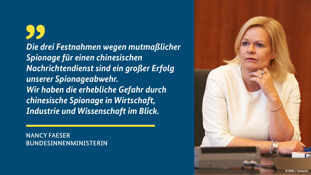 Innenministerin Faeser zu mutmaßlicher chinesischer #Spionage: „Der im aktuellen Fall betroffene Bereich militärisch nutzbarer innovativer Technologien aus🇩🇪 ist besonders sensibel. Umso wichtiger ist es, hier so konsequent zu begegnen, wie es uns in diesem Fall gelungen ist.“