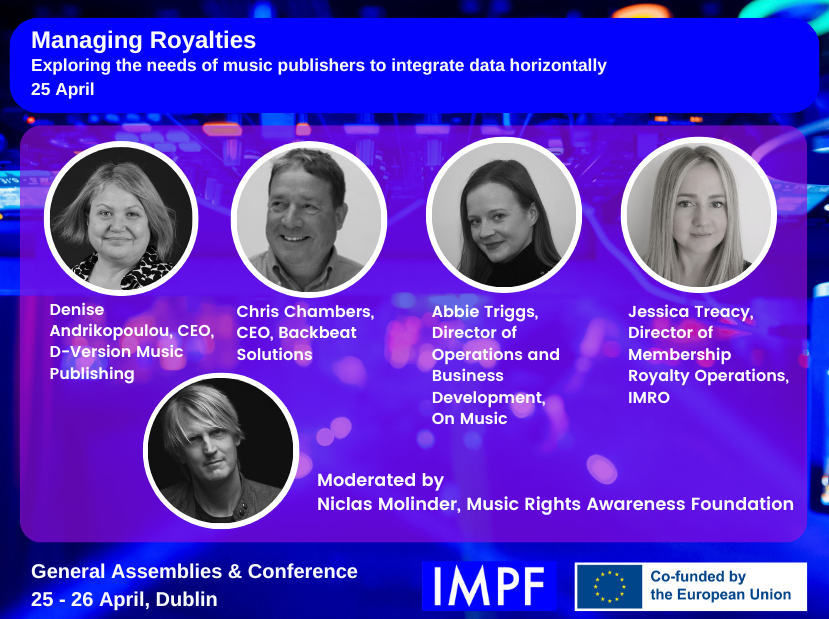 IMPForum's tweet photo. @IMPForum Announcing speakers for upcoming General Assemblies in Dublin this week #ManagingRoyalties #impf_member #Dublin #music #publishers #creativeeurope @europe_creative @BackbeatSolves @OnMusicLTD @IMROireland https://t.co/0ilq42bRlp