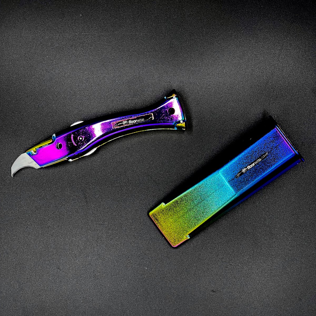 Our special edition Dolphin Knife from Floorwise. An exclusive iridescent rainbow finish, add some serious style to your tool bag. The one-off finish is matched by a coordinating hard holster to complete the look. 🌈 salesmark-west.co.uk #floorwise #dolphinknife #flooringtools
