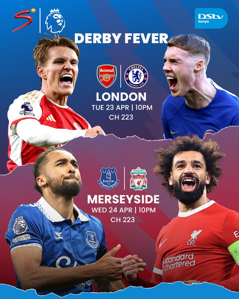 The cities divide, the fans unite! Get your game face on, It's Derby week 😎️💥 23 Apr - #ARSCHE| 10 PM | Ch. 223 24 Apr - #EVELIV | 10 PM | Ch. 223 To Stream 📲: bit.ly/DStvStream Download #MyDStv App or Dial ✳423# to get connected to DStv Compact for KES 3,700. #PL