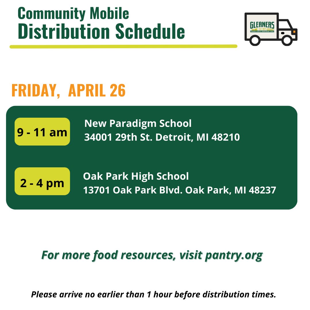 Happy Monday, friends! Gleaners is hosting drive-up food distributions per day Monday-Friday this week, while supplies lasts. Times and locations: bit.ly/3xaz0U1 Gleaners is an equal opportunity provider. #Gleaners #FoodBank #MobilePantry #FoodPantry 🍏