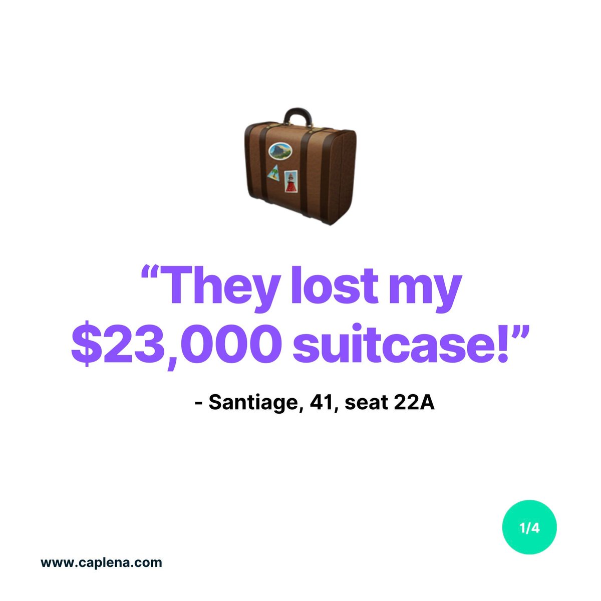 CaplenaCH's tweet photo. Santiago’s $23,000 suitcase vanished – but it left behind valuable insights. 
✈️ Learn why leading airlines like Lufthansa love Caplena! Dive into more airline insights at https://t.co/oTptQUqD2s https://t.co/zS8tbFiVug