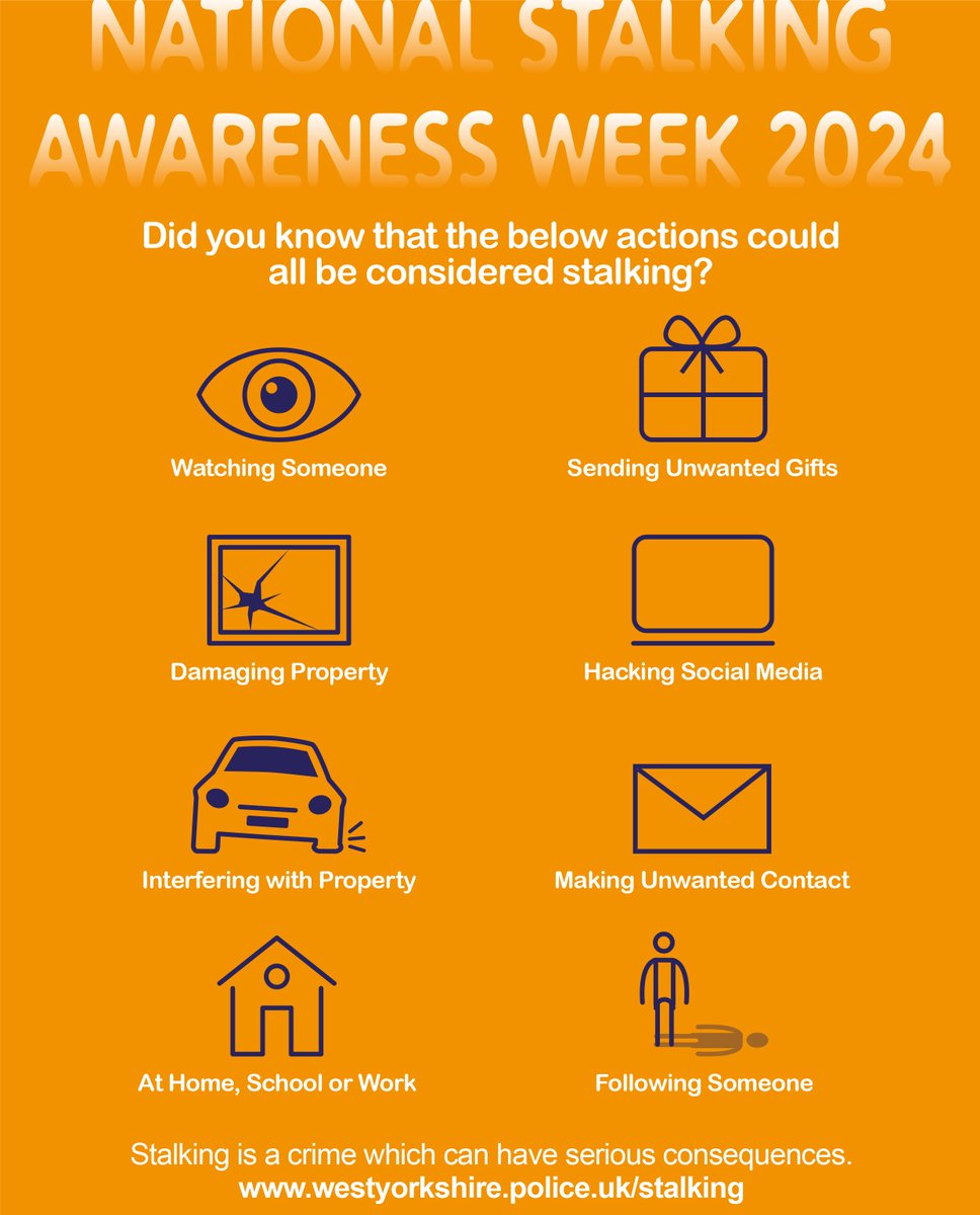 This week is #NationalStalkingAwarenessWeek. Stalking can take many forms, including: 👁 Watching someone 🚶‍♀️ Following someone 🎁 Sending unwanted gifts ✉ Making unwanted contact If you are a victim of stalking, help is available for you.