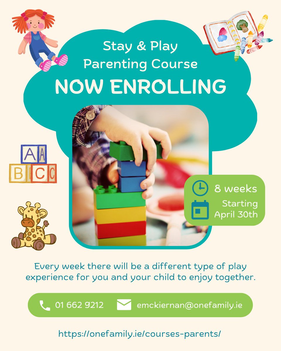 Our Stay & Play Parenting Course is now enrolling for our next term - starting end of April! This course is aimed for parents of infants and toddlers up to 4 years. #parenting You can learn more about the course here: onefamily.ie/courses-parent… @frcnf @treoir @ChildRightsIRL