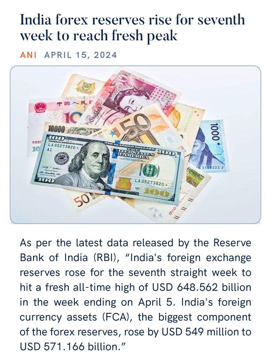 It's Pouring Dollars!
PM @narendramodi Ji 
#EaseOfDoingBusiness 
India's forex reserves rise for seventh straight week, jump $2.9 billion to hit all-time high of $648 billion Foreign currency assets increased by $549 million to $571.166 billion,
aninews.in/news/business/…
@PMOIndia