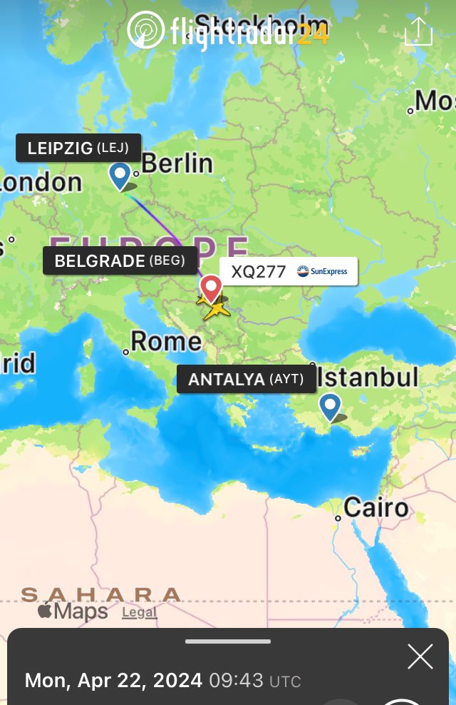 B737max8 kompanije SunExpress iz Lajpciga za Antaliju, preusmeren je na Aerodrom Beograd, pretpostavljam iz medicinskih razloga.✈️