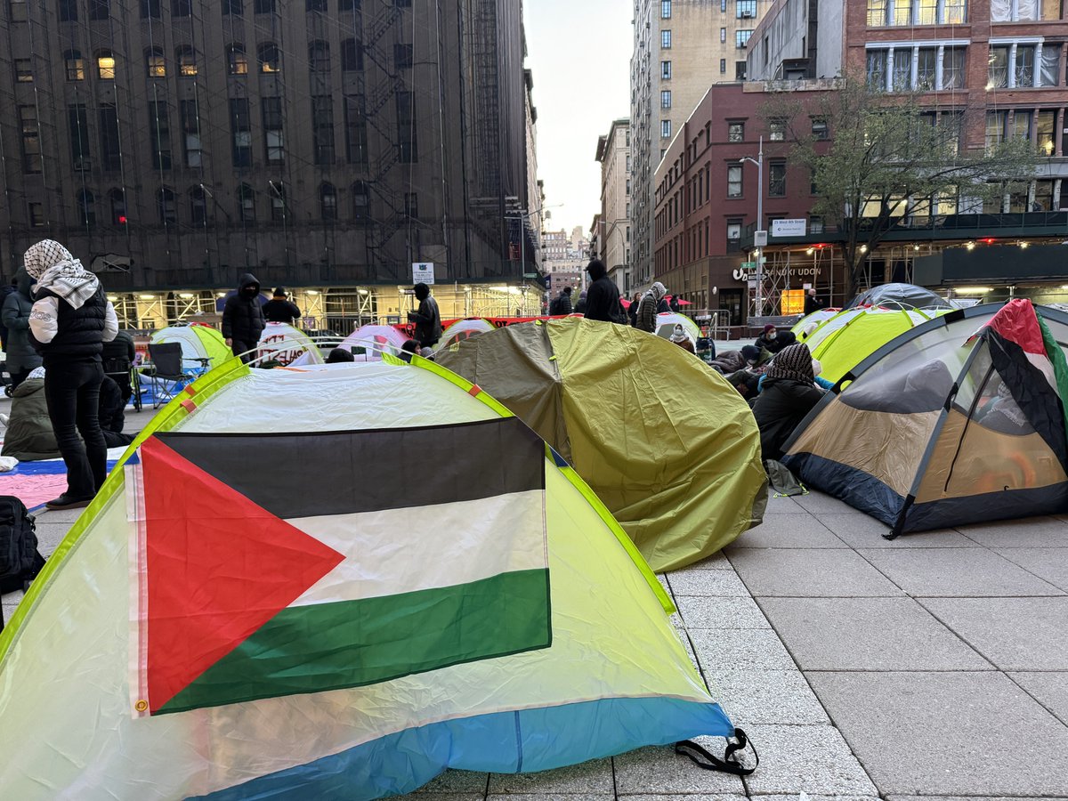 Media release for NYU’s Gaza Solidarity Encampment, which launched early this morning with over 30 tents.