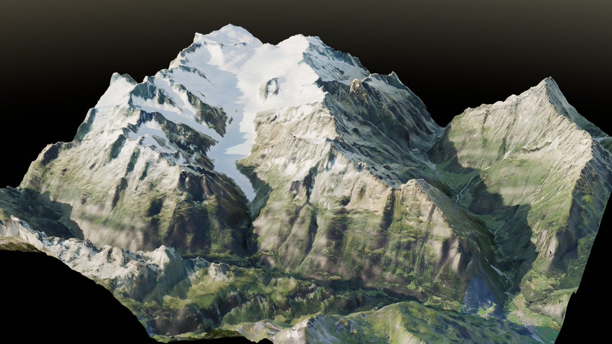 WWenban's tweet photo. What did 1.6km thick ice infilling the Alpine valleys during the LGM actually look like? I've been experimenting with rendering model outputs in Blender with satellite basemaps draped over the DEMs. Compare the 1850 extent to LGM here at Triftgletscher, Switzerland. https://t.co/BarRIioWKQ