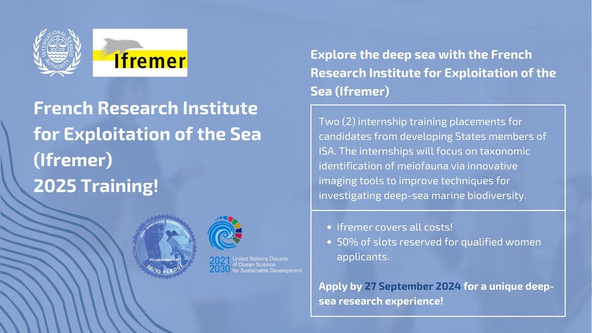 🚨ISA and Ifremer are offering 2 internship opportunities with focus on environmental studies to candidates from developing States in 2025. Apply by 27 September: bit.ly/49JOGz1 #Internship #DeepSea #ApplyNow