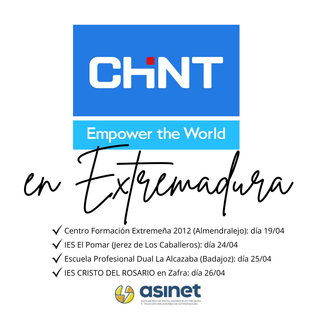 Les informamos que el furgón de CHINT está en Extremadura. Las ciudades y fechas de la ruta están descritas en el suguiente enlace:asinet.com.es/noticias/

🌐 asinet.com.es
#asinet #asociacioninstaladores #asociacion #haciendosector