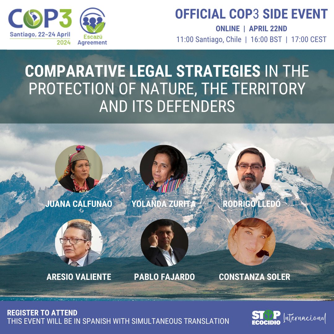 What better day than #EarthDay to learn about #EcocideLaw?! 2 FREE virtual events: 3pm BST - ‘Intergenerational Dialogue on Nature Rights & Ecocide Law': us02web.zoom.us/webinar/regist… 5pm BST - Official #COP3 side-event LIVE from #Chile: stopecocide.earth/events/compara… #StopEcocide