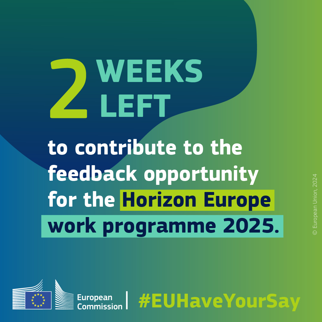 ❓Do you want to have your say on #research & #innovation actions funded for next year? Don't miss the feedback opportunity for the #HorizonEU work programme 2025! You still have 2⃣ weeks, the consultation is open until midday, 6 May ⏱️ 🔗europa.eu/!pVpfr3 #EUHaveYourSay