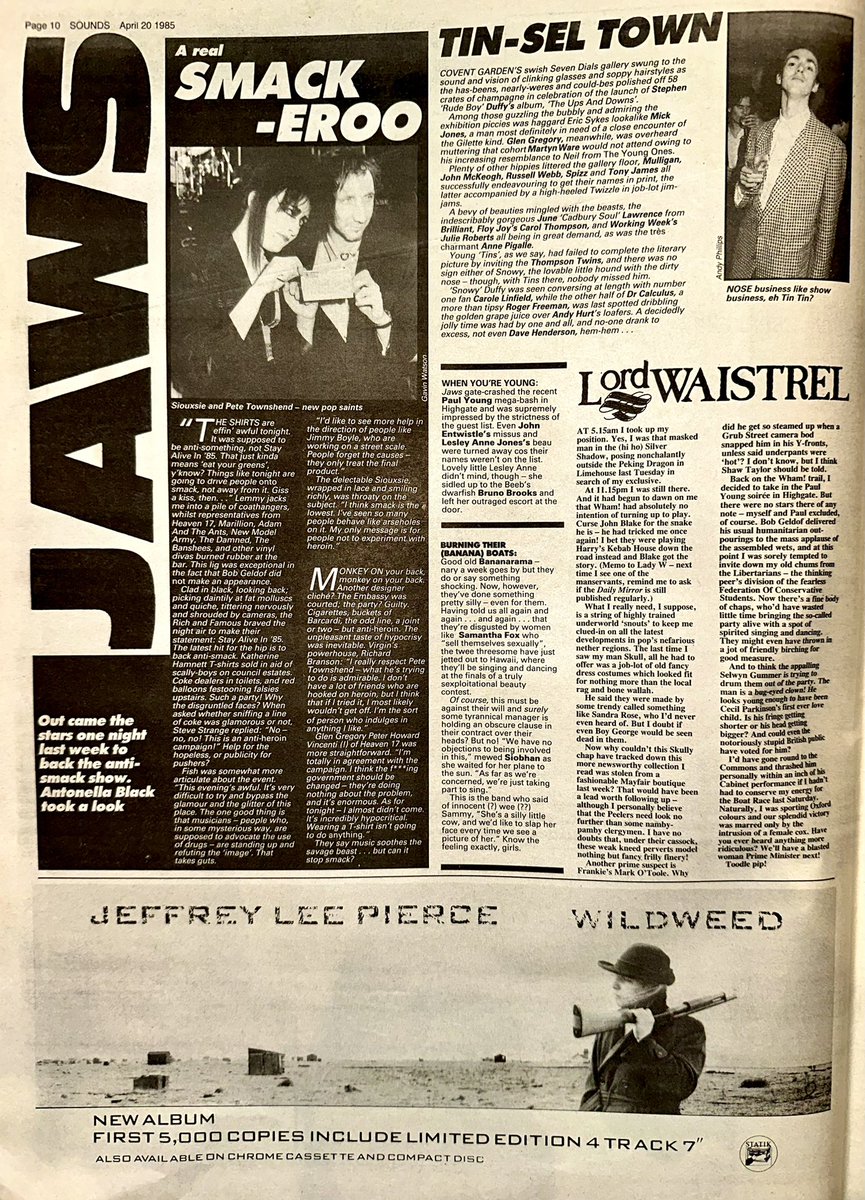 Antonella Black reports for Jaws at an Anti Heroin, celeb laden launch that raised many concerns about the message & the manner of its delivery

Elsewhere, @VivaBananarama have a  pop at #SamFox

@SiouxsieHQ @TheWho @myMotorhead @MarillionOnline @heaven17bef 

Sounds Apr 20 1985