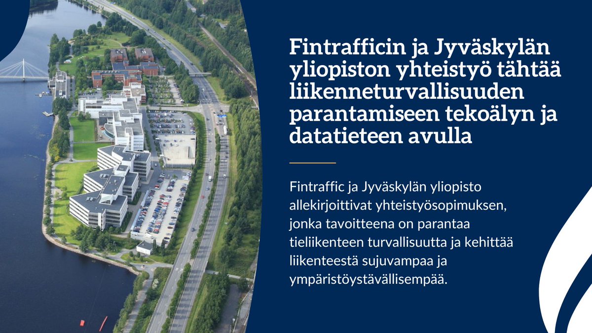 it_jyu's tweet photo. '@uniofjyvaskyla'n IT-tiedekunta ja @Fintraffic_fi allekirjoittivat yhteistyösopimuksen, jonka tavoitteena on turvallisempi, sujuvampi ja ympäristöystävällisempi tieliikenne.
Lue lisää 👉 https://t.co/5LySqKaon1
#Tekoäly #liikenneturvallisuus #JYUnity #ITkaikkialla https://t.co/dVQKkI1HmD