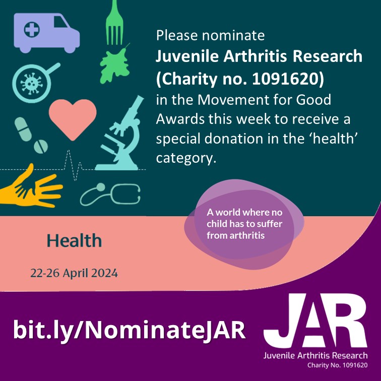 JARProject's tweet photo. Take 1 minute to make a difference! For this week only the @benefactgroup #MovementForGood ‘Health &amp; Wellbeing’ awards are open.  Please nominate Juvenile Arthritis Research to be entered into the draw to win £5,000 at https://t.co/rIJ5WSzQQf you for your support! #JIA https://t.co/qEk26bylhs