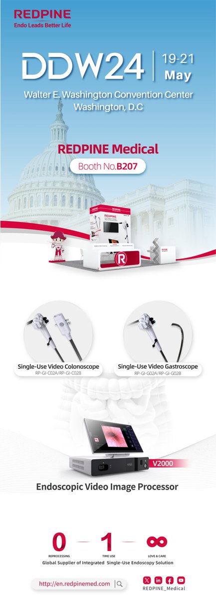 REDPINE_Medical's tweet photo. Great to participate in #DDW2024 again. @DDWMeeting
This time, we'll bring you #REDPINE Single-use #GI Endoscopic solutions. Warm invitation to all friends in the #gastroenterology field to explore further at booth #B207. https://t.co/iYMAdau0MW